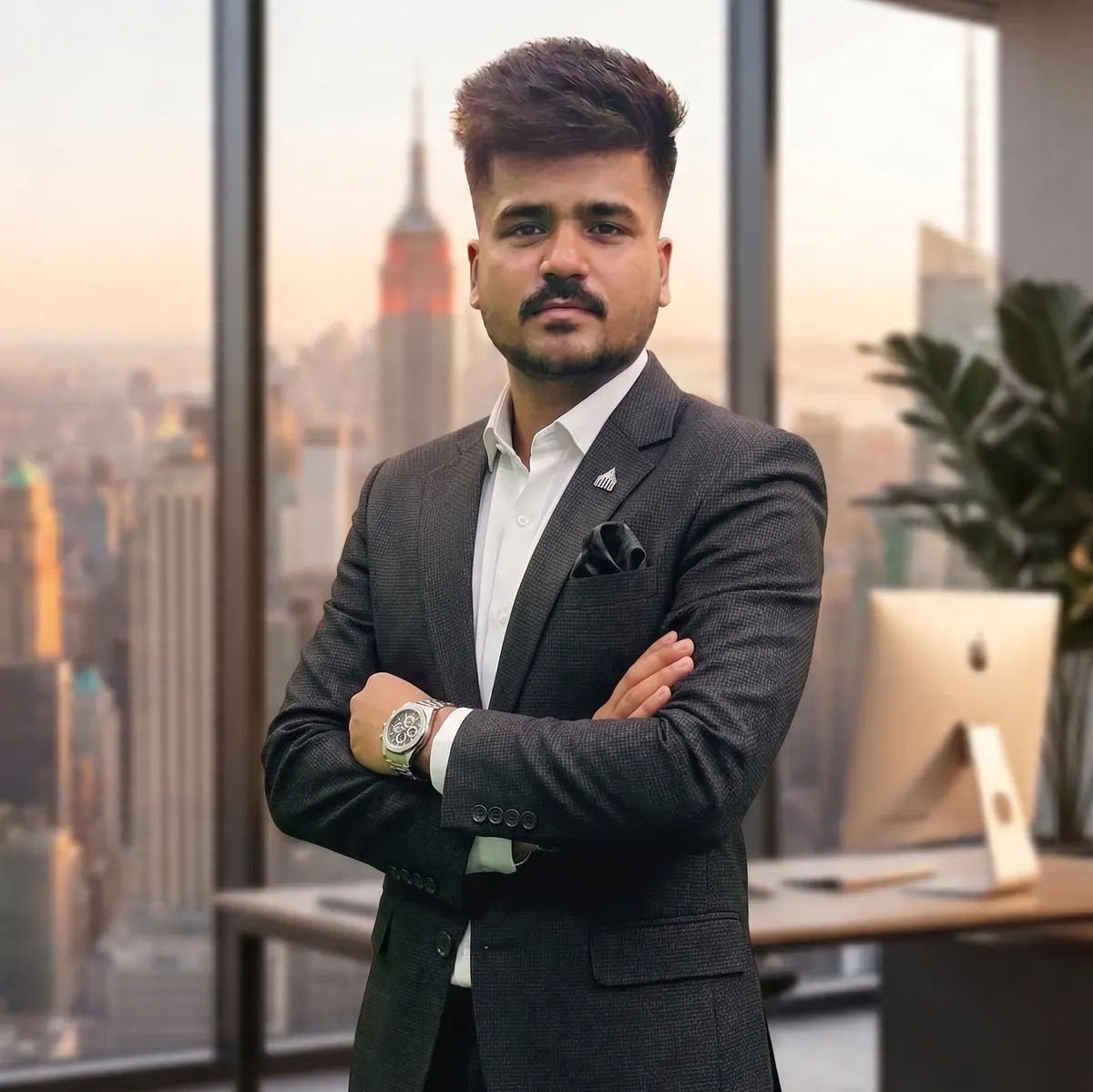 Kush Jain, Founder and Director of Algoryq, in a high-rise office overlooking the city