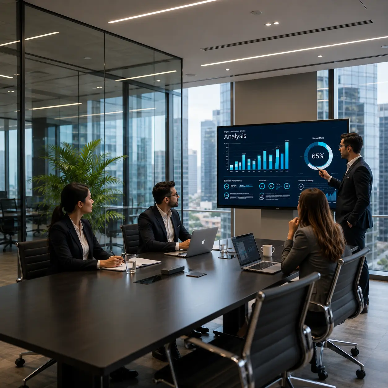Team in a glass boardroom reviewing an analytics presentation on a wall display